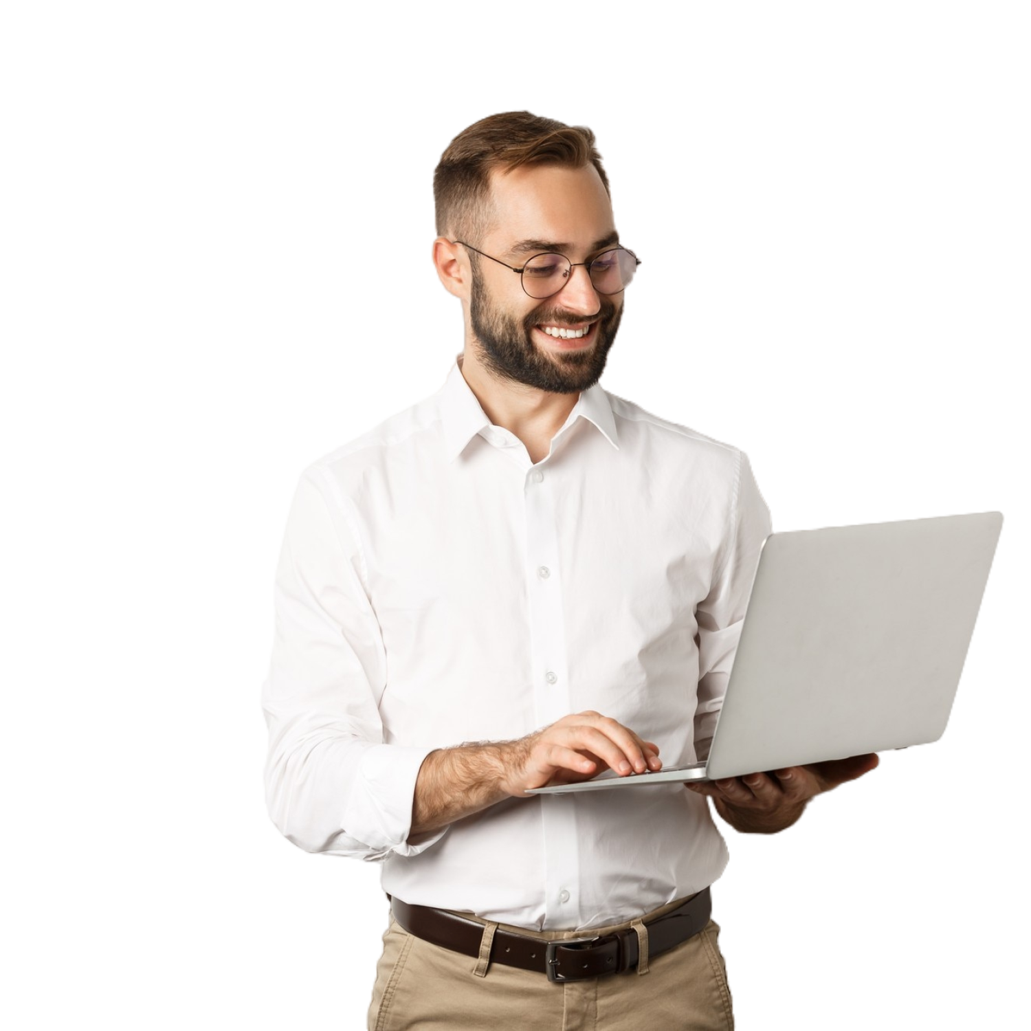 business-handsome-businessman-working-laptop-answering-messages-smiling-standing