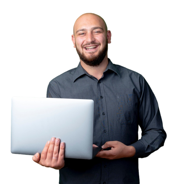 joyful-young-bald-call-center-man-holding-laptop-isolated-green