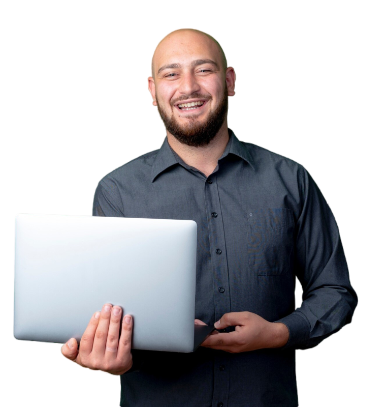 joyful-young-bald-call-center-man-holding-laptop-isolated-green